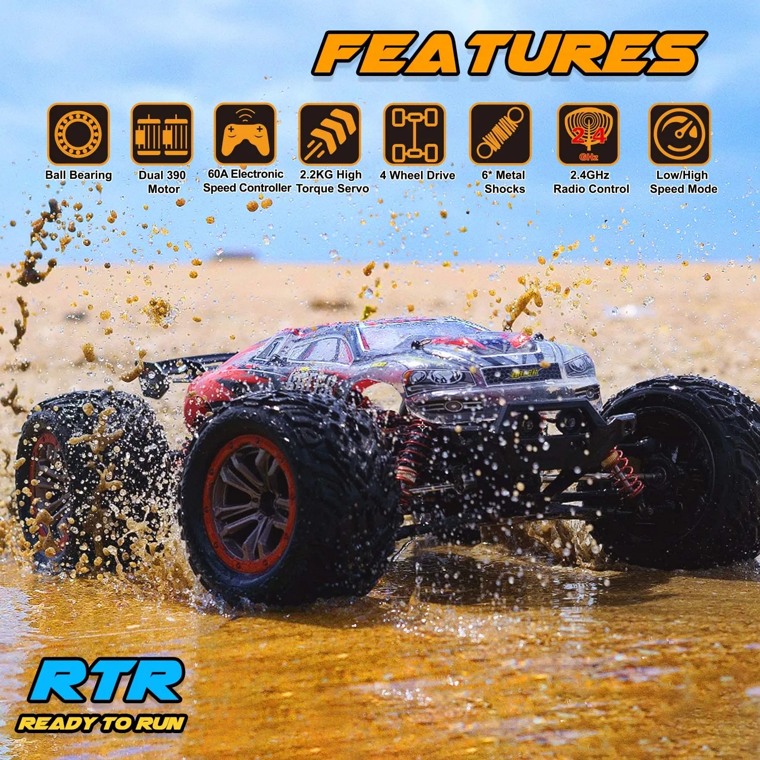 1:10 Scale RTR 4WD Off-Road 46km/h High Speed Remote Control Car-1600mAh Batteries x2