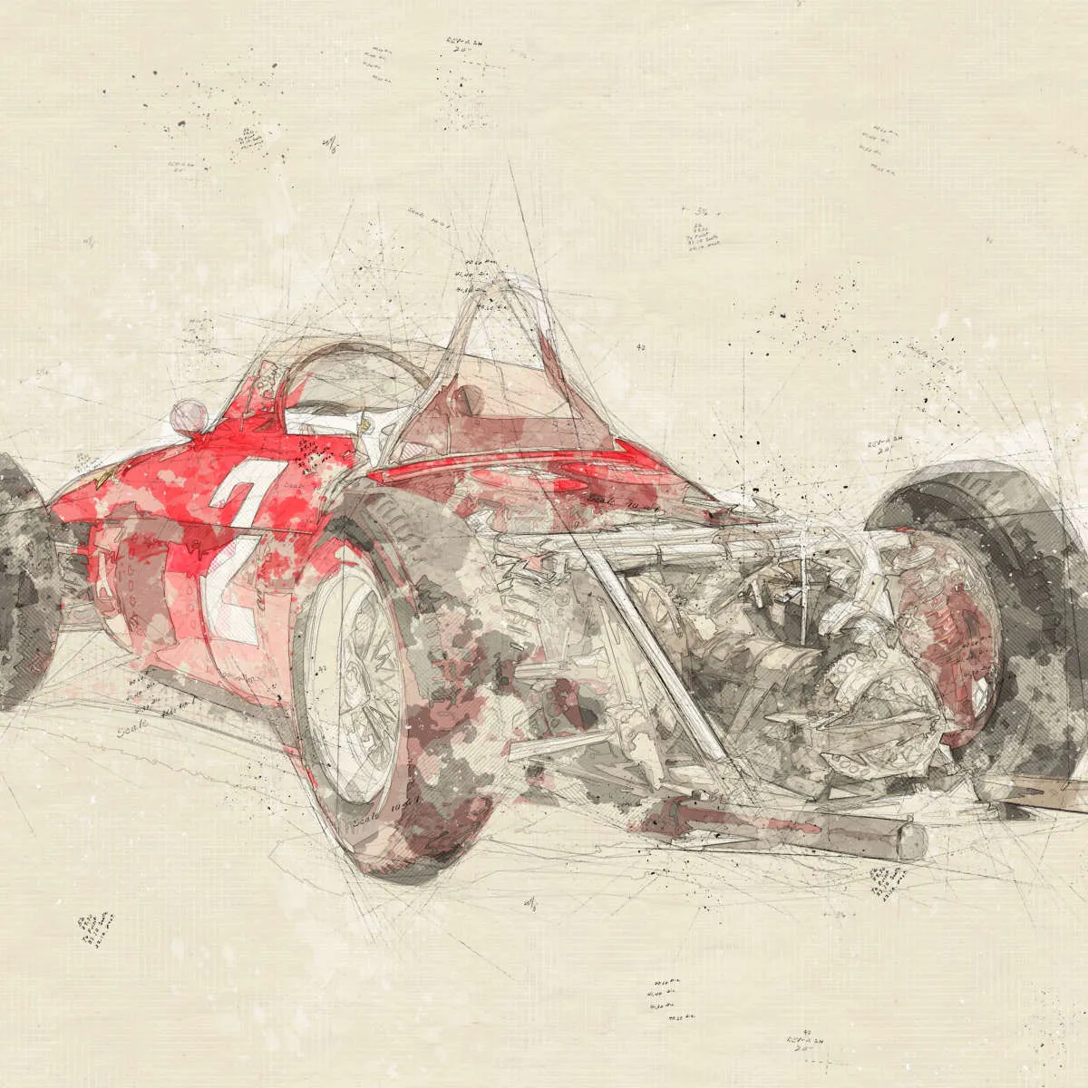 1961 Ferrari 156 F1 Car Rear View Drawing Wall Art