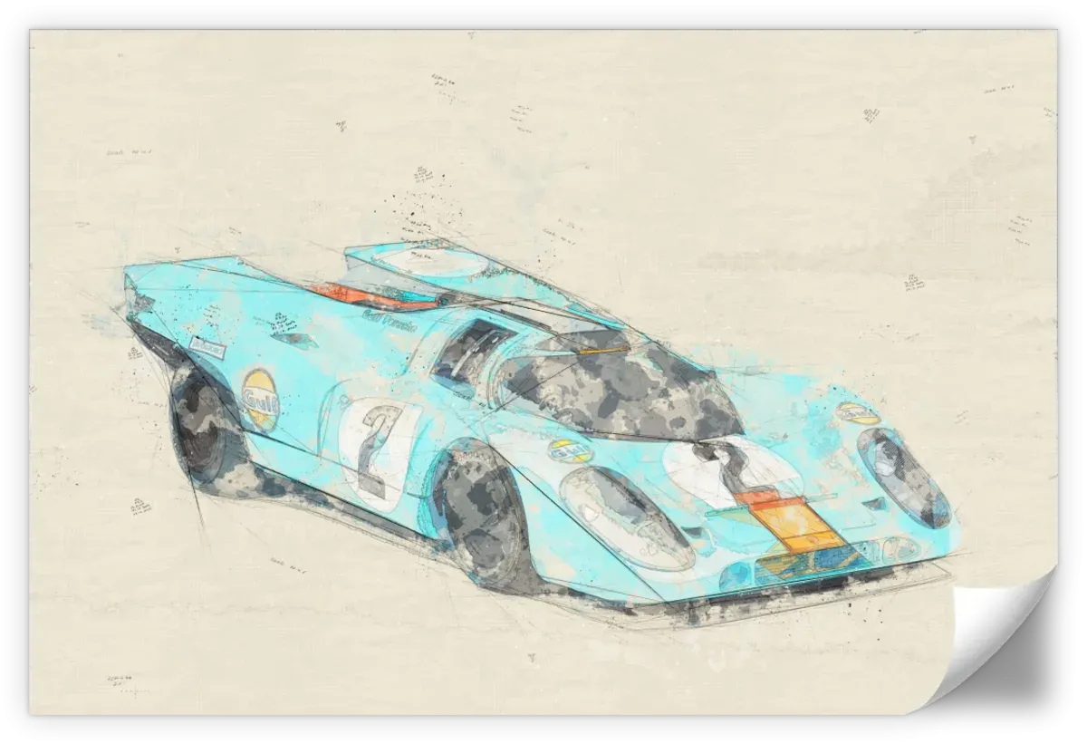 1971 Porsche 917K Race Car Rear View Drawing Wall Art