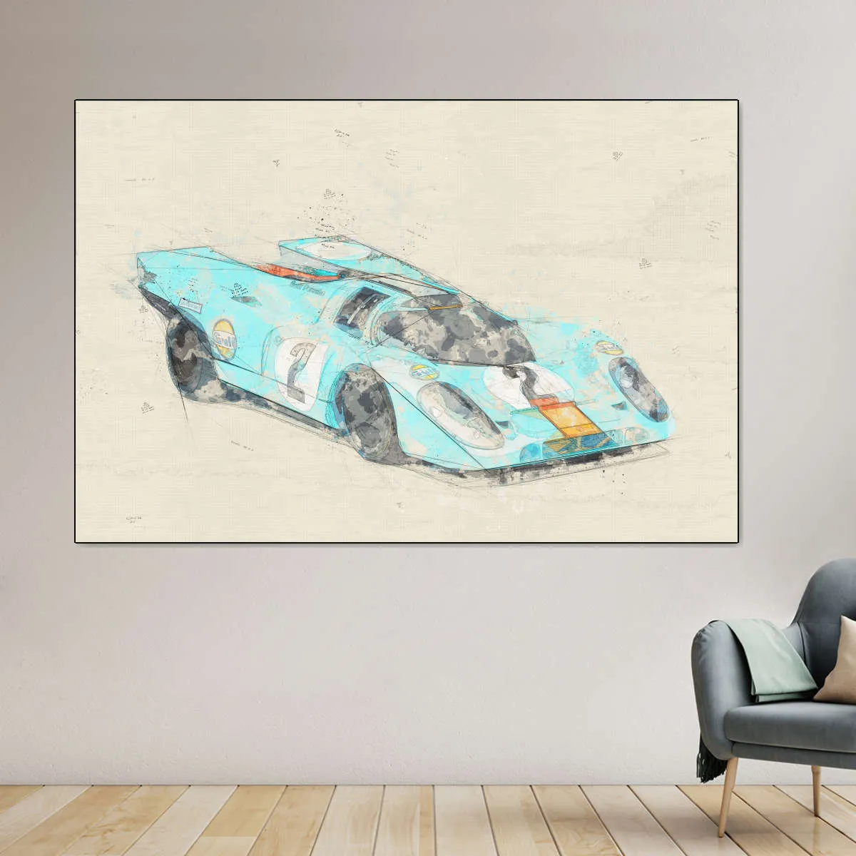 1971 Porsche 917K Race Car Rear View Drawing Wall Art