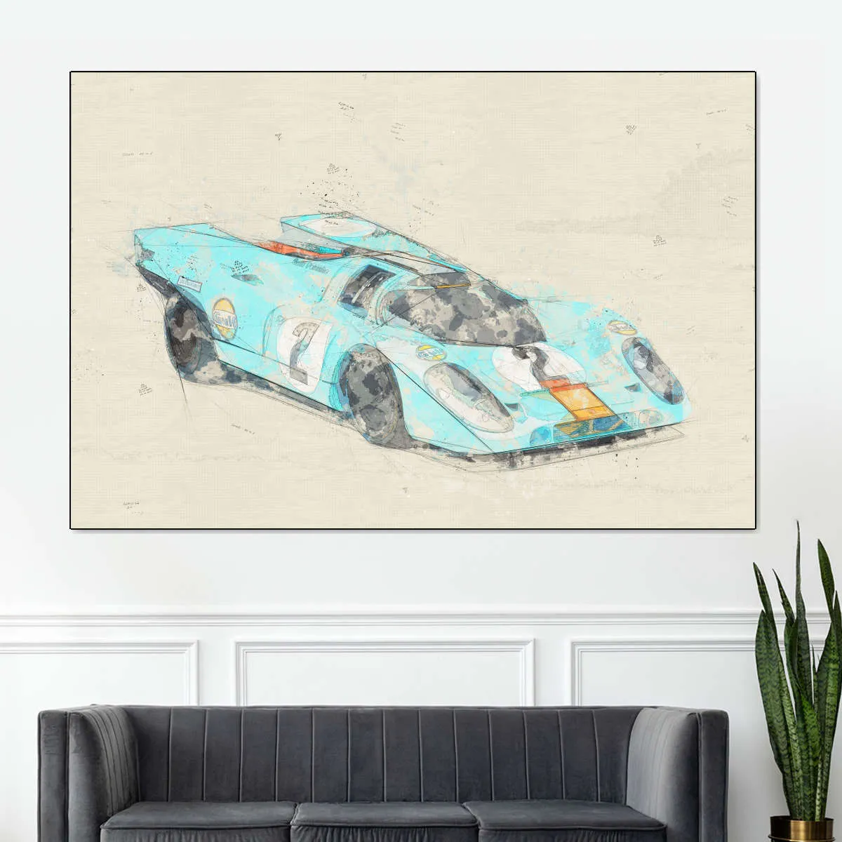 1971 Porsche 917K Race Car Rear View Drawing Wall Art