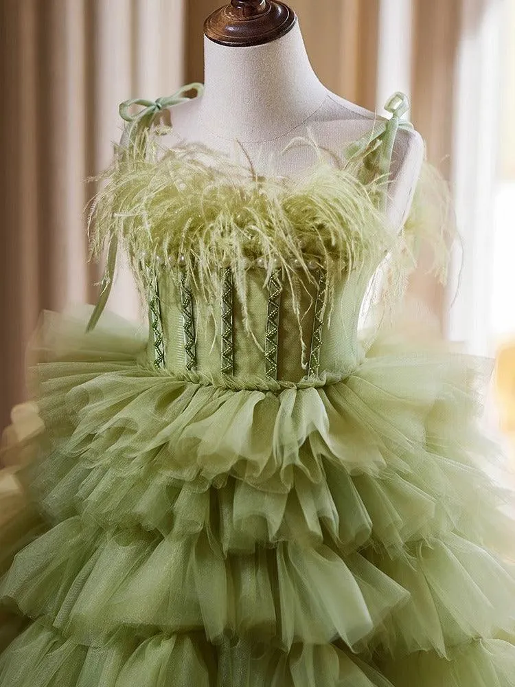 3-12-year-old Green Feather Girls' Cake Skirt Stage Performance Fluffy Wedding Dress Girls' Evening Dress