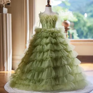 3-12-year-old Green Feather Girls' Cake Skirt Stage Performance Fluffy Wedding Dress Girls' Evening Dress