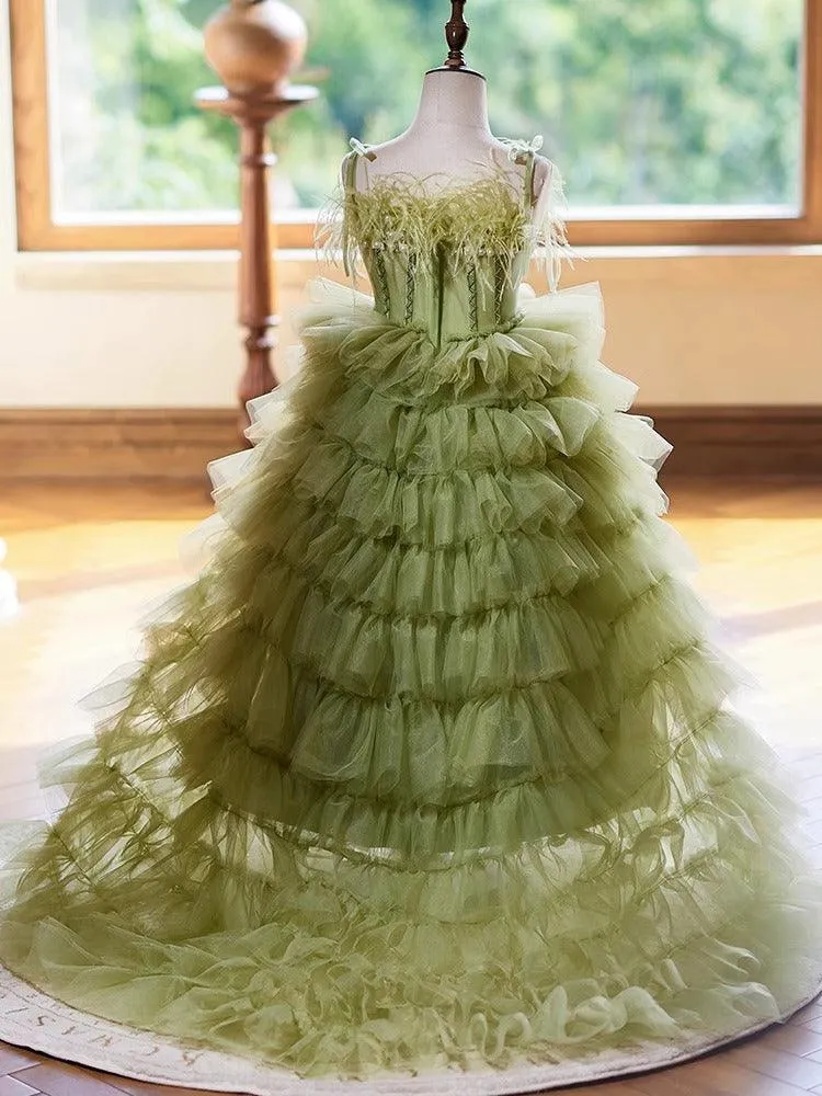 3-12-year-old Green Feather Girls' Cake Skirt Stage Performance Fluffy Wedding Dress Girls' Evening Dress