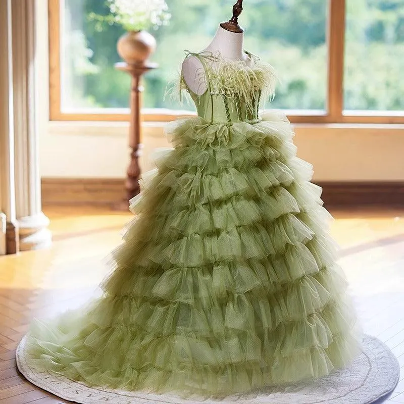 3-12-year-old Green Feather Girls' Cake Skirt Stage Performance Fluffy Wedding Dress Girls' Evening Dress