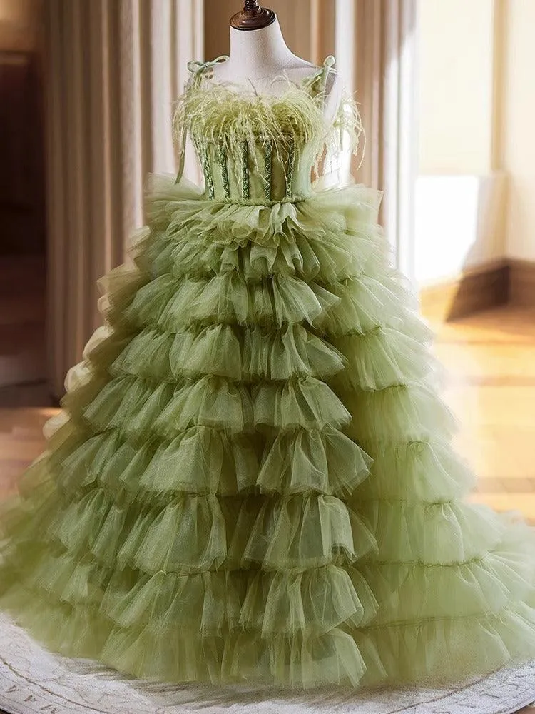 3-12-year-old Green Feather Girls' Cake Skirt Stage Performance Fluffy Wedding Dress Girls' Evening Dress