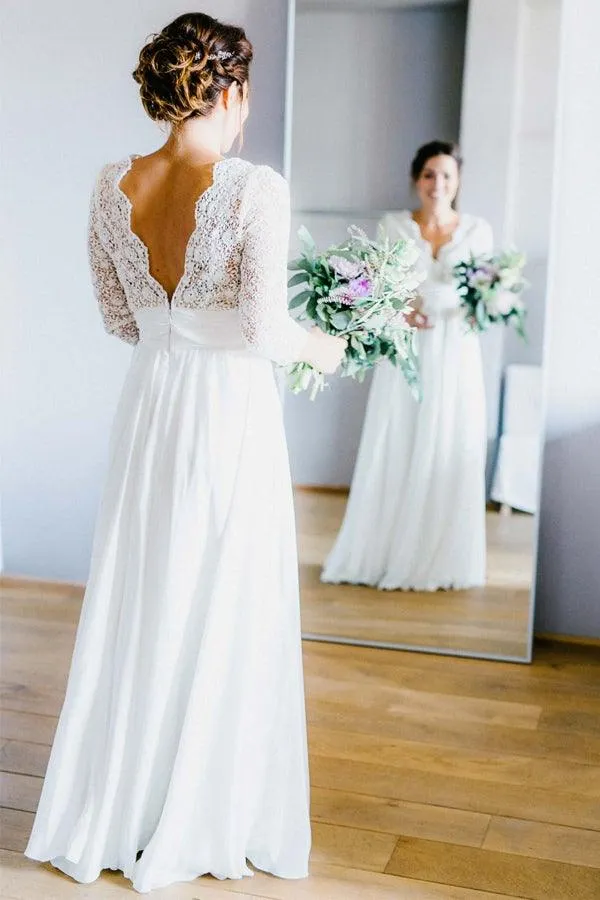 3/4 Sleeve See Through Backless Lace  Chiffon Wedding Dresses   WD291