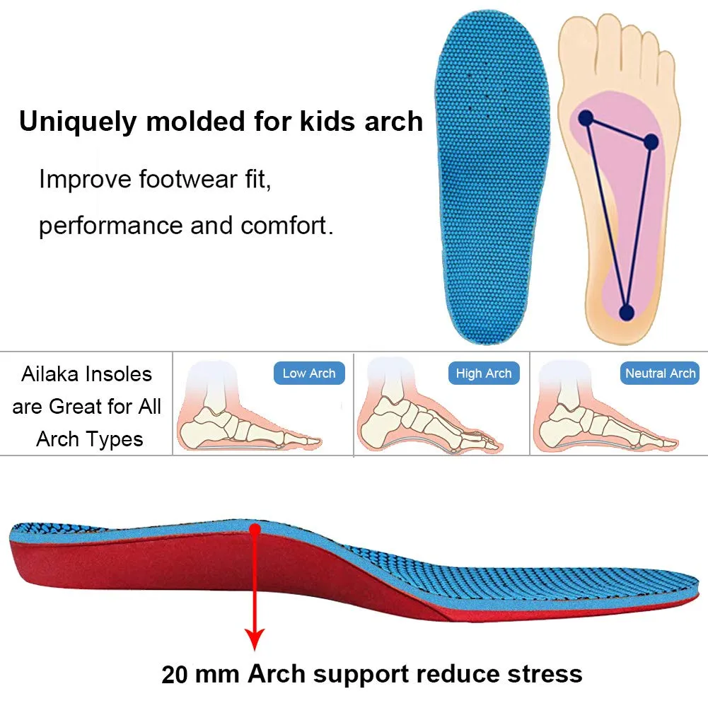 Ailaka Kids Orthotic Cushioning Arch Support Shoe Insoles, Children Pu Foam Inserts for Flat Feet, Plantar Fasciitis, Feet Heel Pain Relief 1-3 M US Little Kid