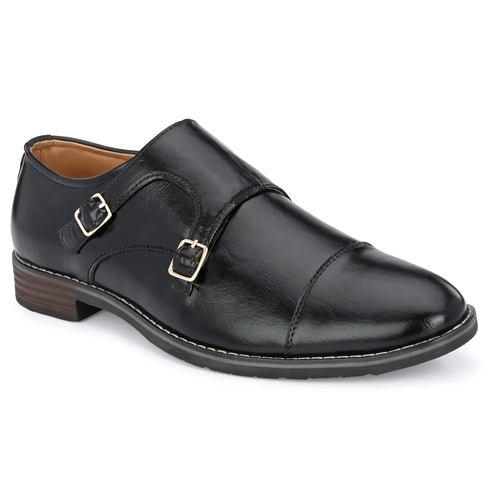 Attitudist Unisex Handcrafted Black Double Monk Strap Formal Shoes Loafer With Cap Toe