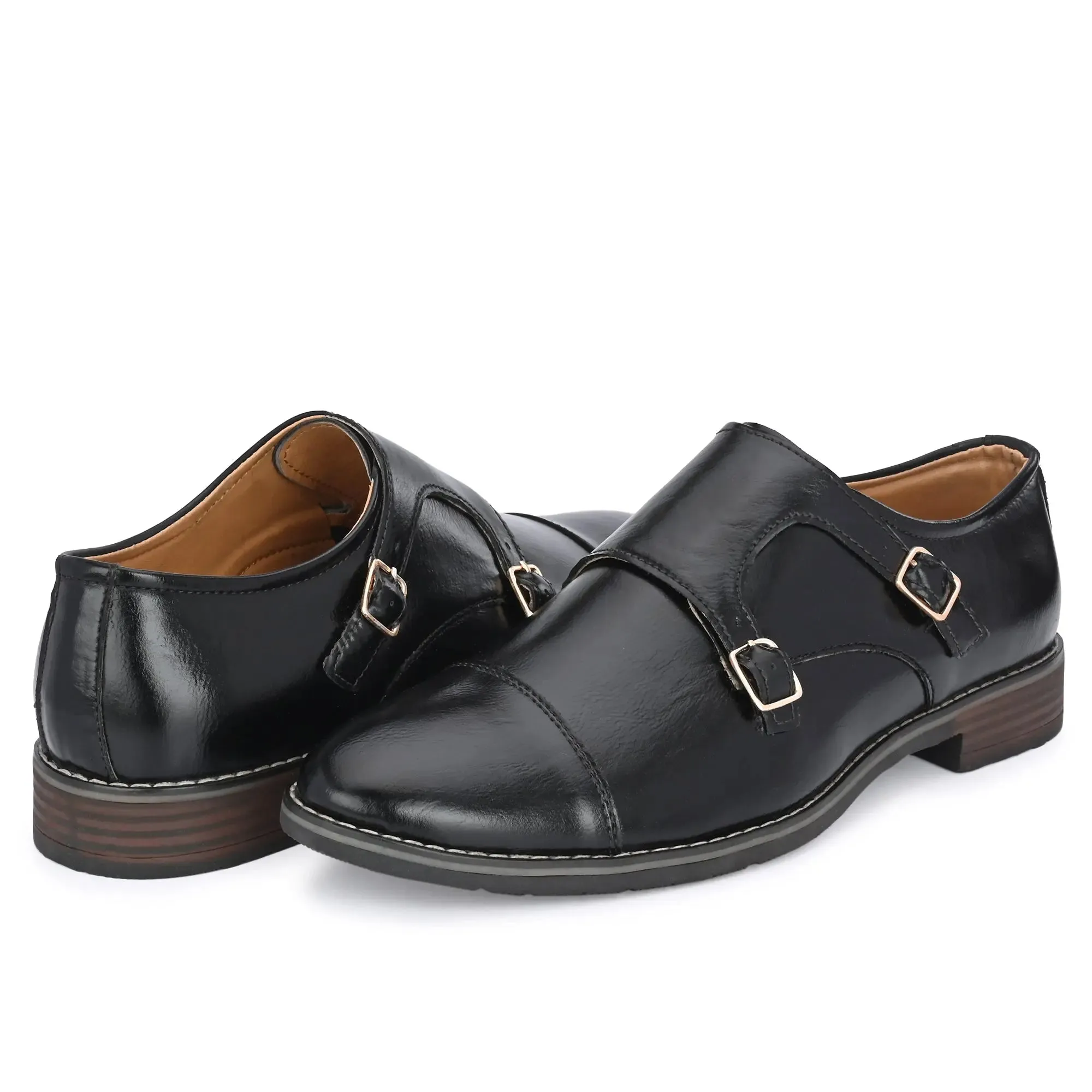 Attitudist Unisex Handcrafted Black Double Monk Strap Formal Shoes Loafer With Cap Toe