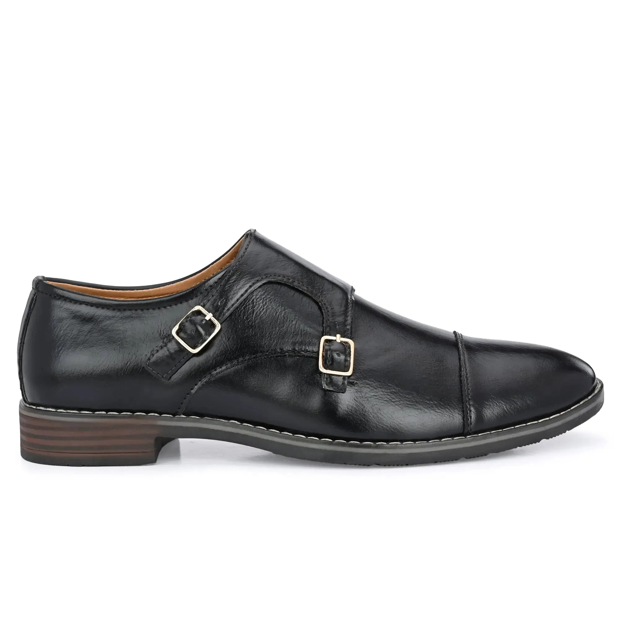 Attitudist Unisex Handcrafted Black Double Monk Strap Formal Shoes Loafer With Cap Toe