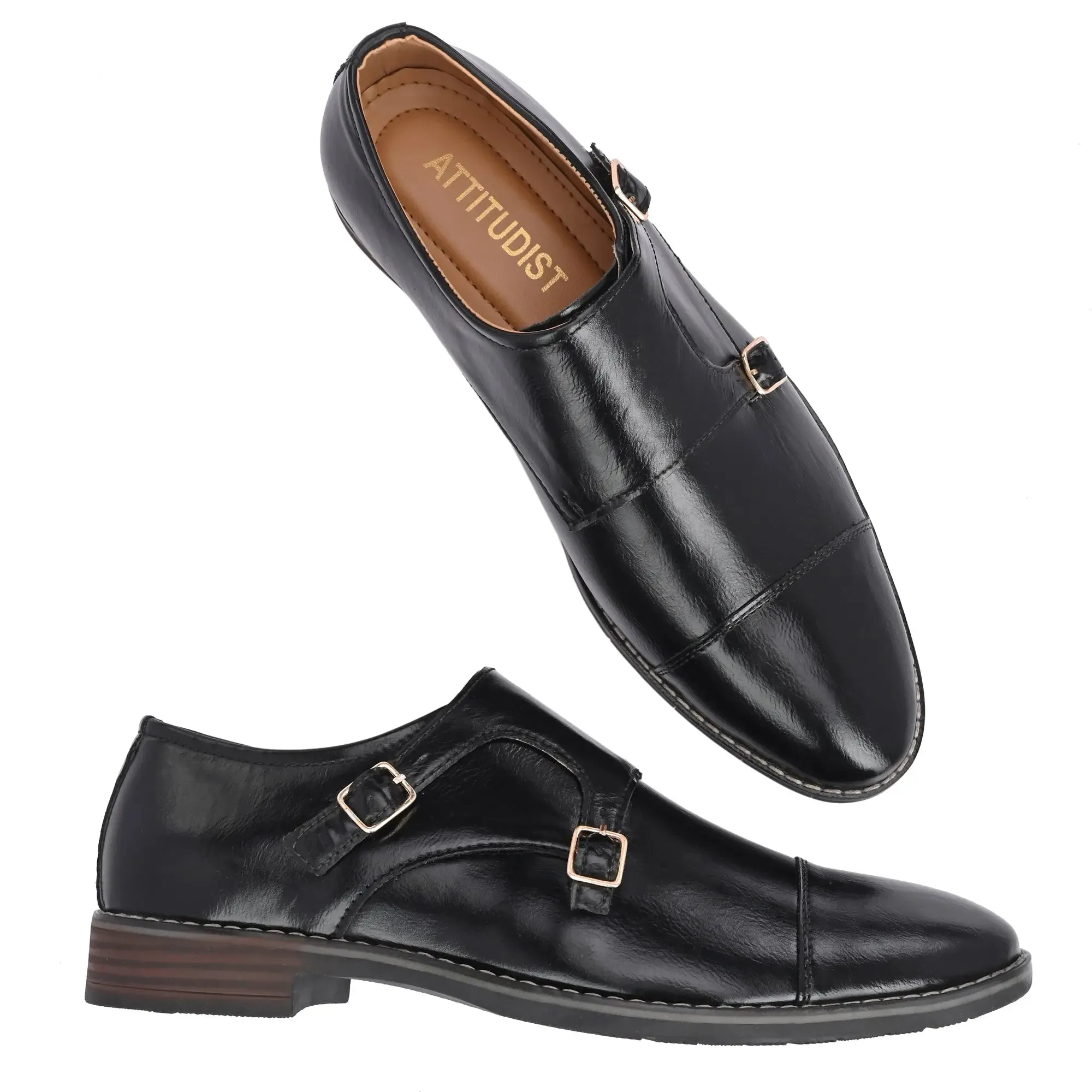 Attitudist Unisex Handcrafted Black Double Monk Strap Formal Shoes Loafer With Cap Toe