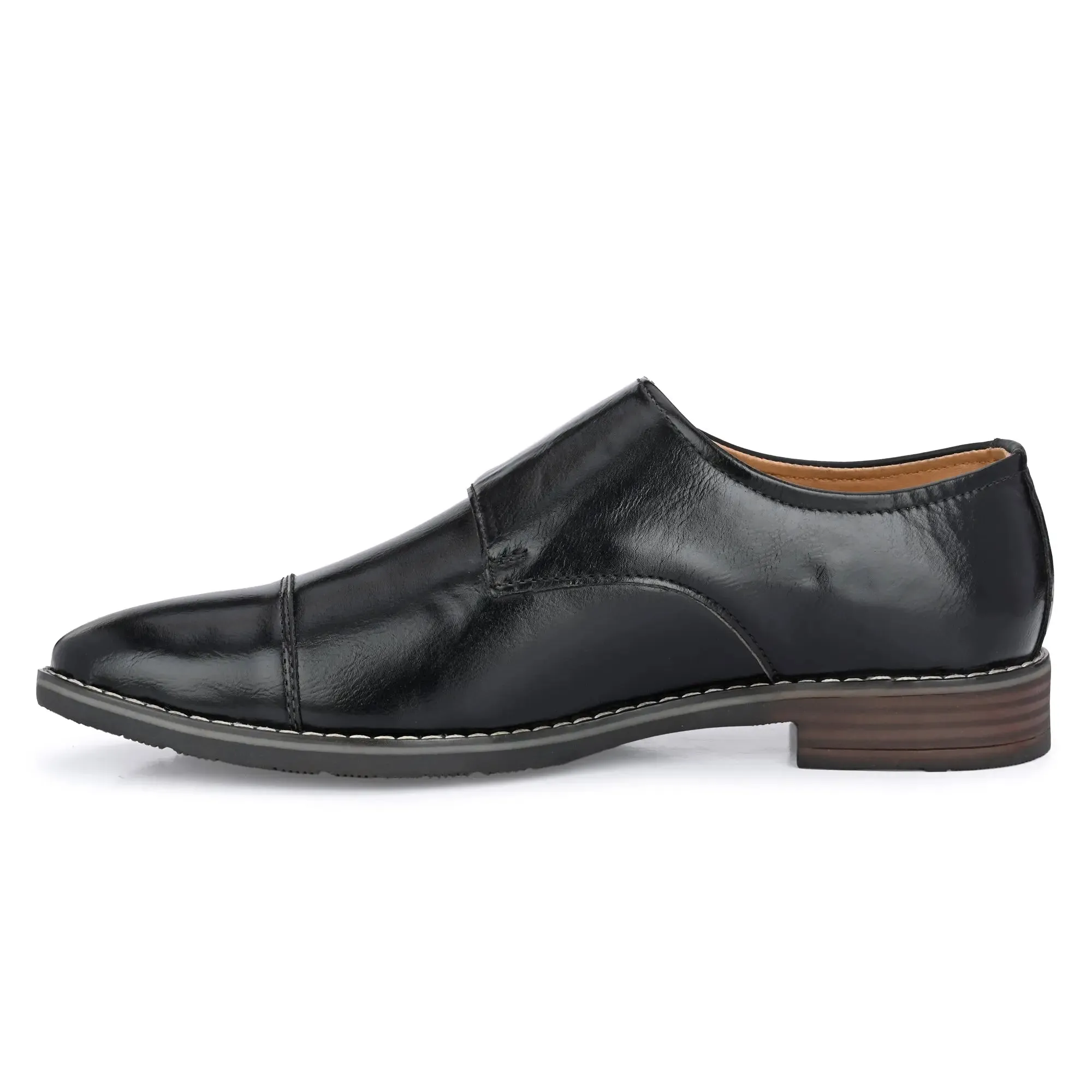 Attitudist Unisex Handcrafted Black Double Monk Strap Formal Shoes Loafer With Cap Toe