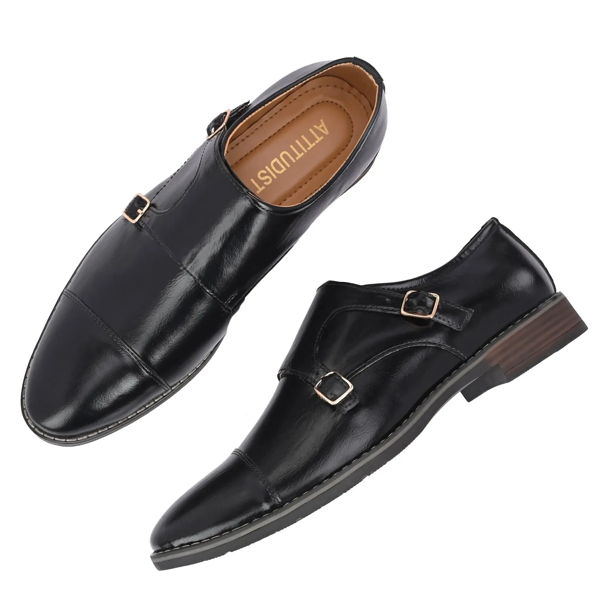 Attitudist Unisex Handcrafted Black Double Monk Strap Formal Shoes Loafer With Cap Toe