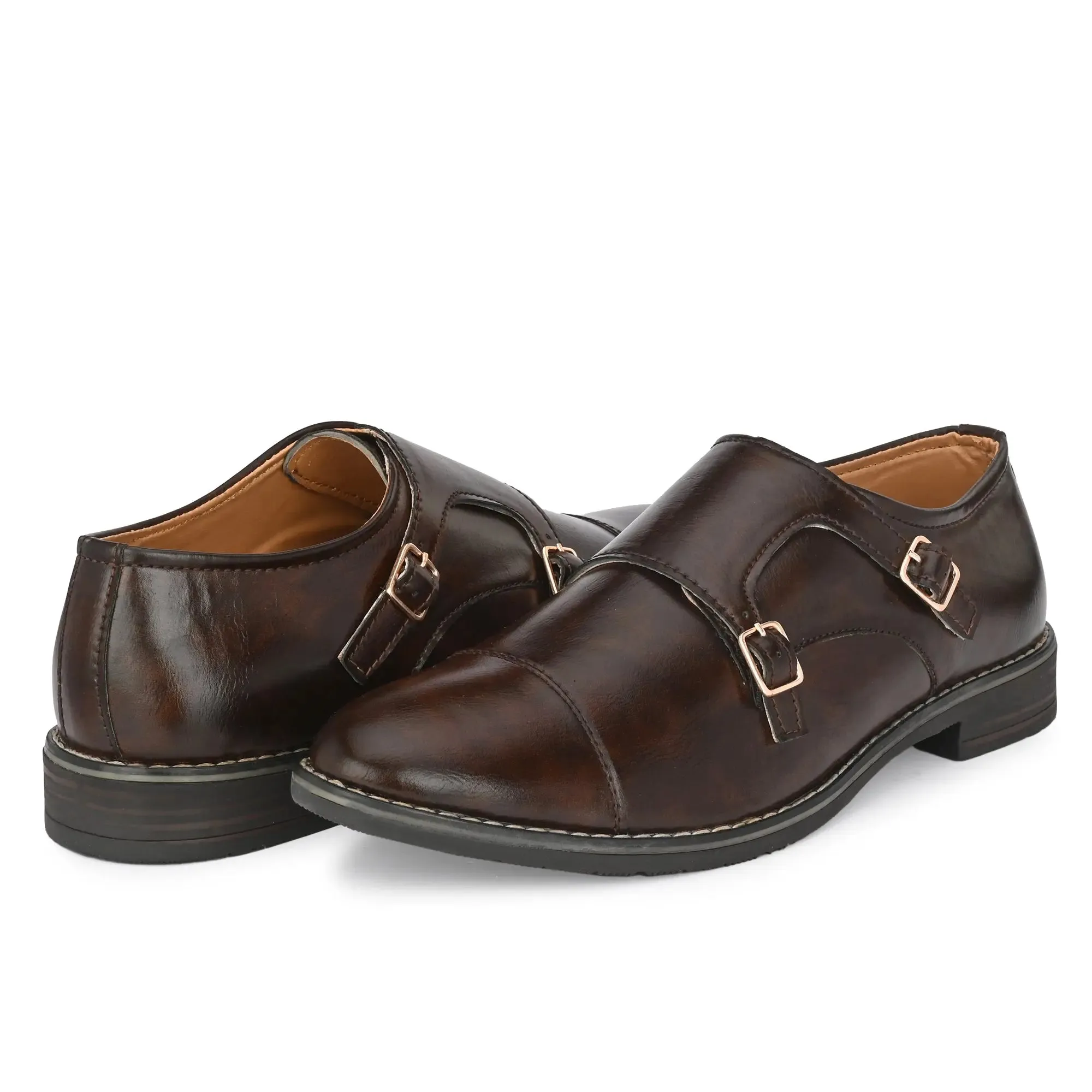 Attitudist Unisex Handcrafted Brown Double Monk Strap Formal Loafer Shoes With Cap Toe