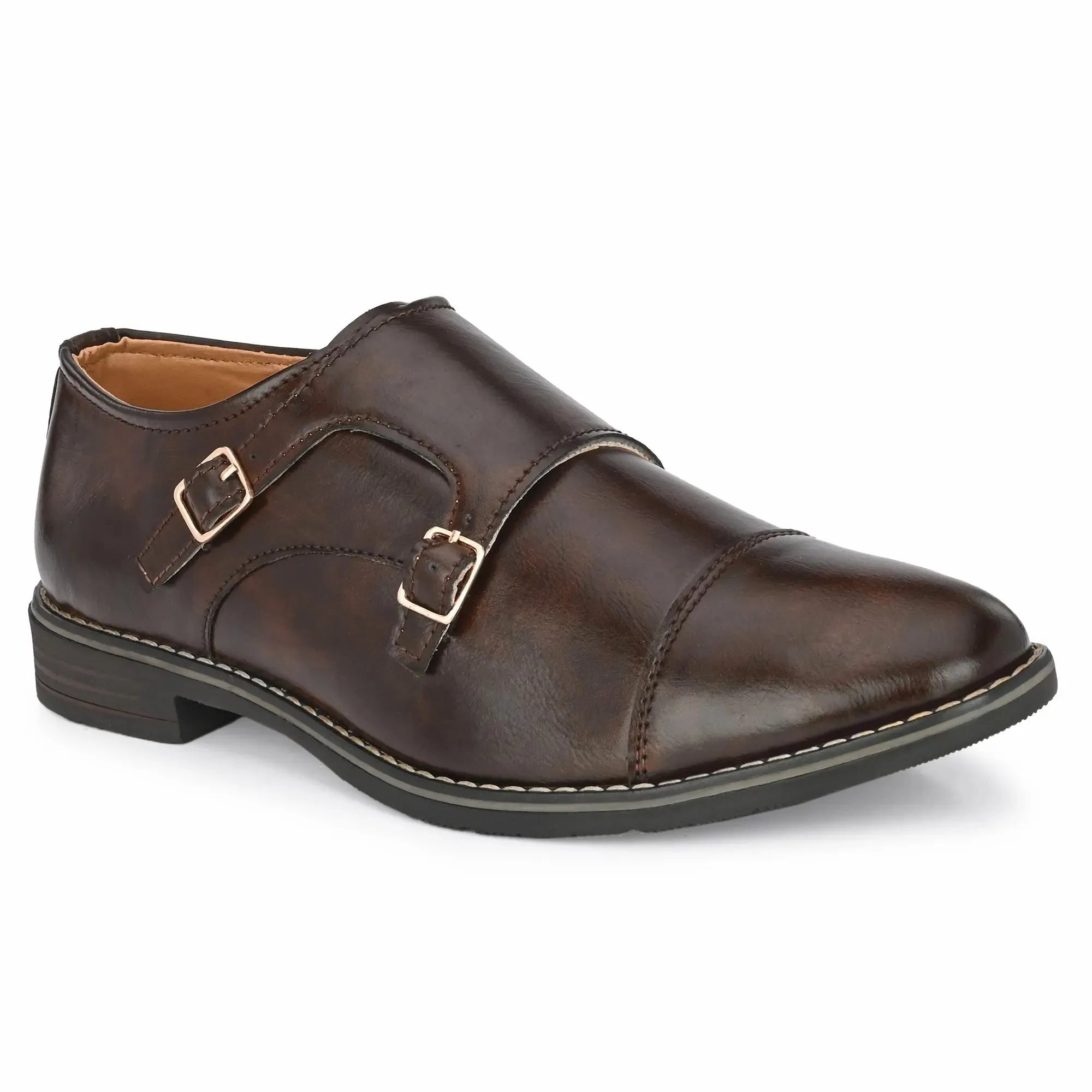 Attitudist Unisex Handcrafted Brown Double Monk Strap Formal Loafer Shoes With Cap Toe