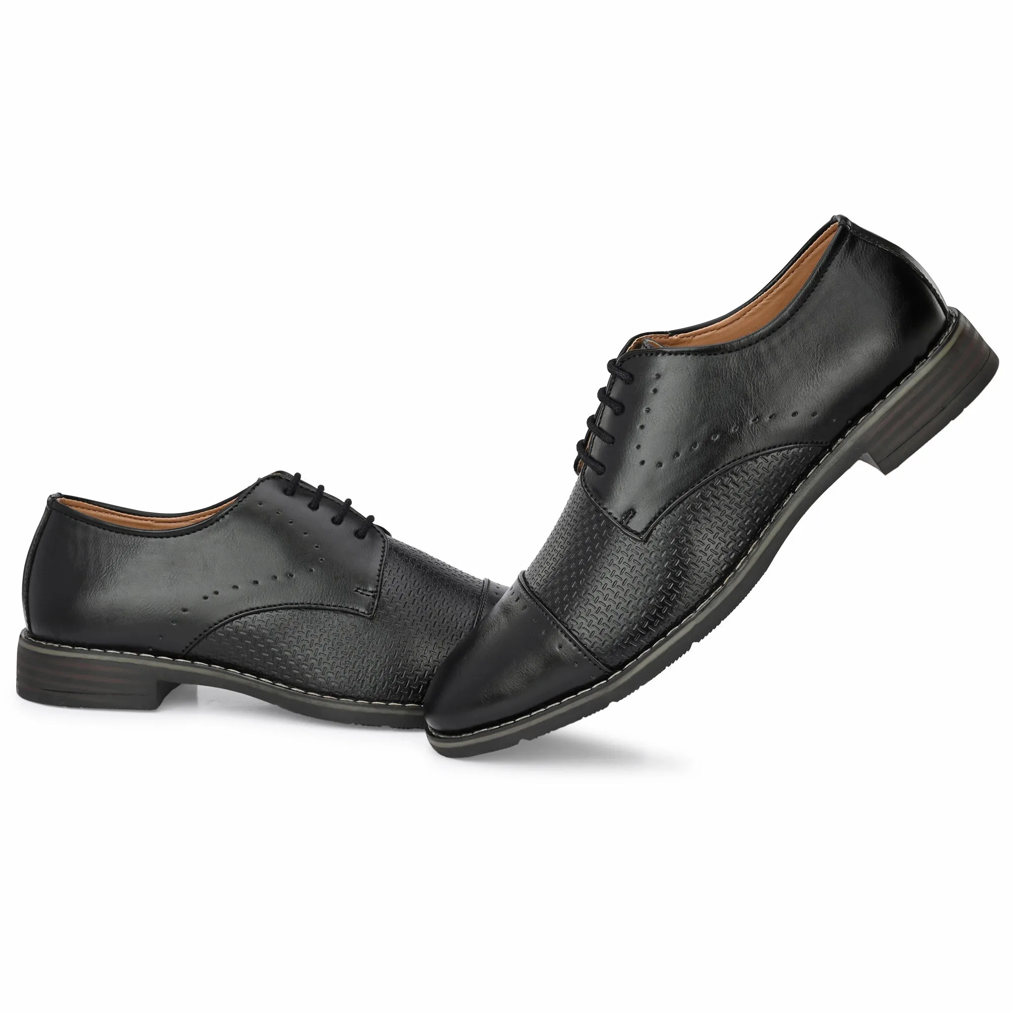 Attitudist Unisex Handcrafted Derby Matte Black Formal Lace-up Shoes With Cap Toe And Textured Design