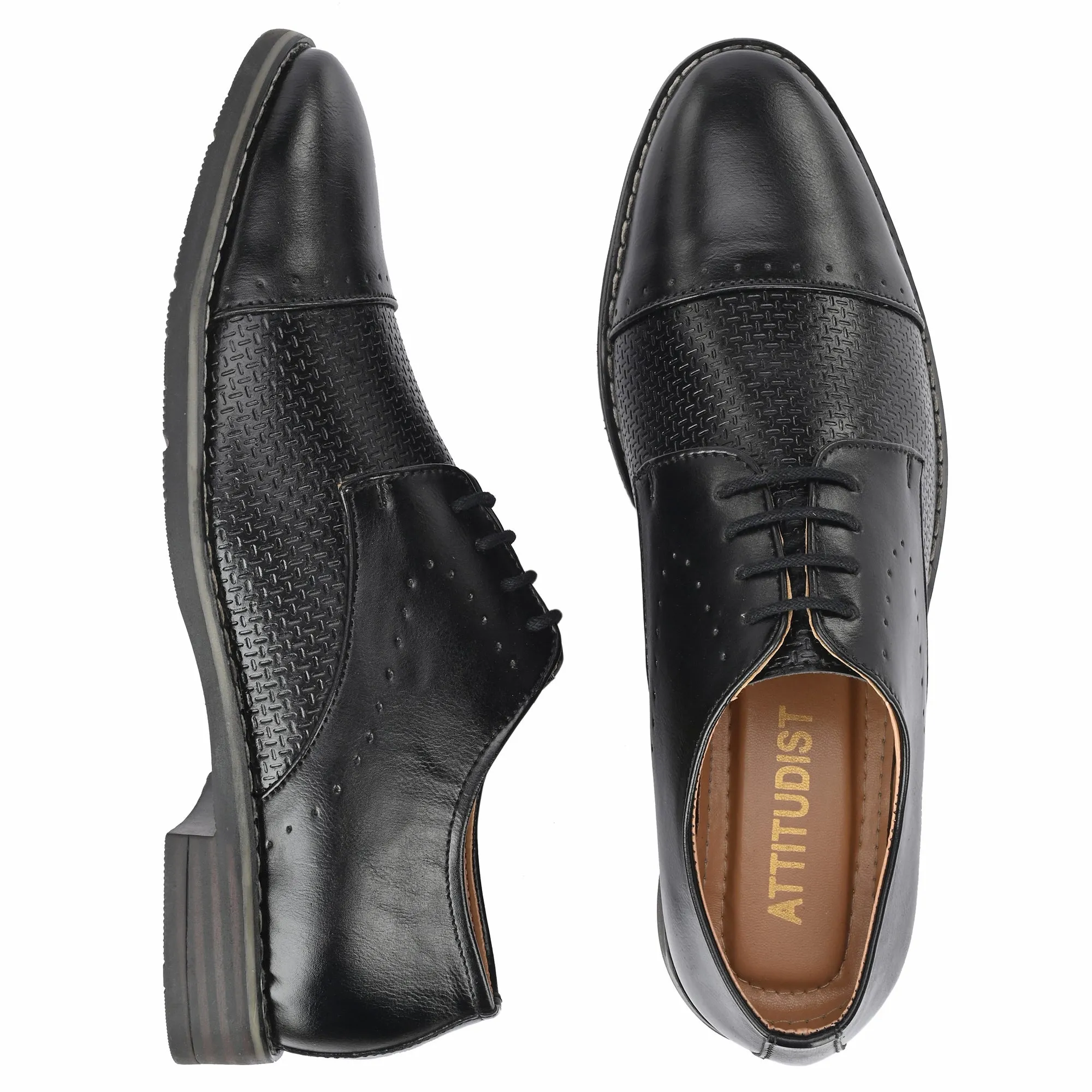 Attitudist Unisex Handcrafted Derby Matte Black Formal Lace-up Shoes With Cap Toe And Textured Design