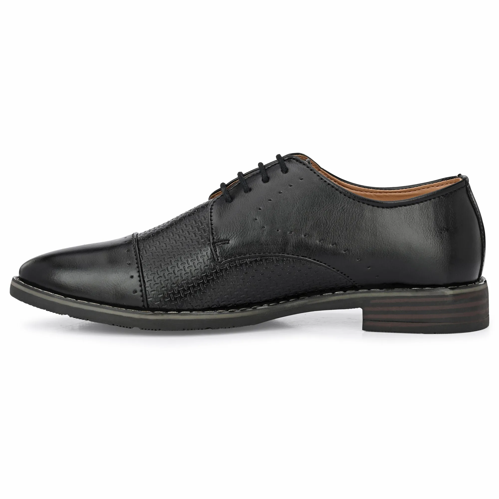 Attitudist Unisex Handcrafted Derby Matte Black Formal Lace-up Shoes With Cap Toe And Textured Design