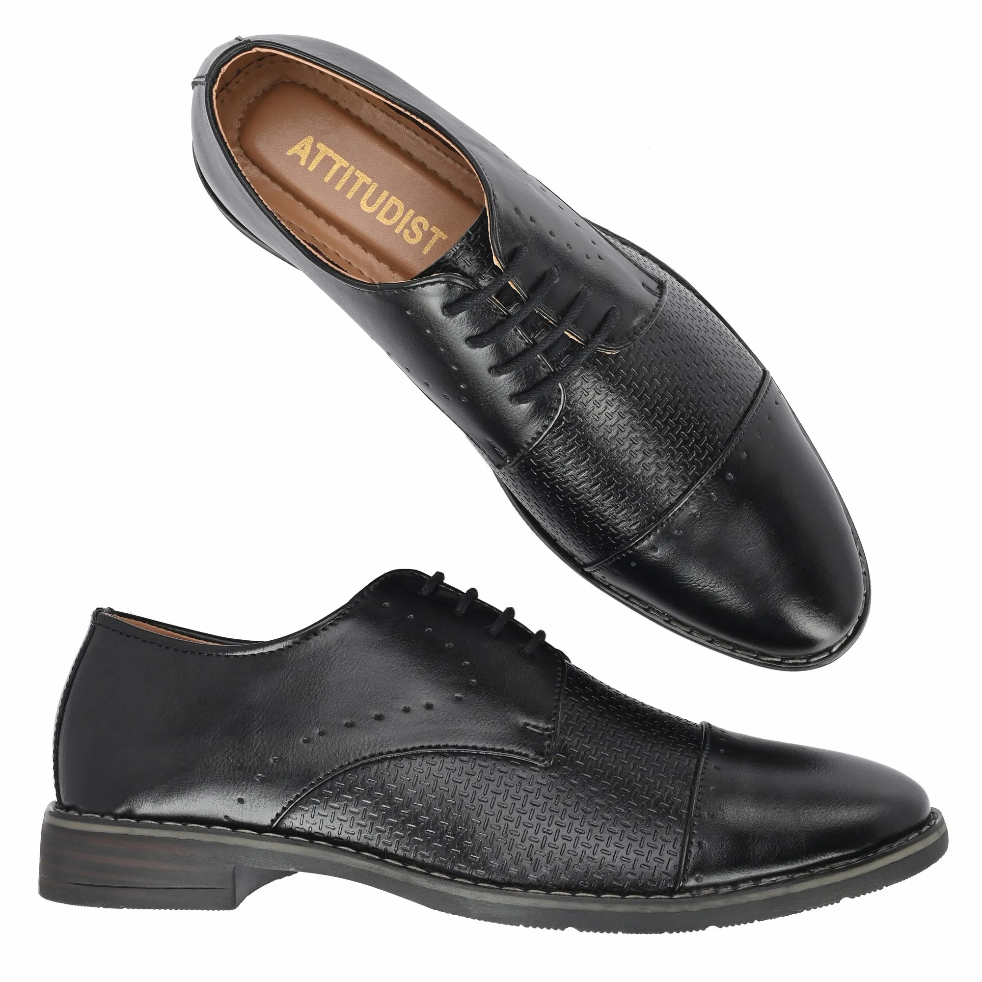 Attitudist Unisex Handcrafted Derby Matte Black Formal Lace-up Shoes With Cap Toe And Textured Design