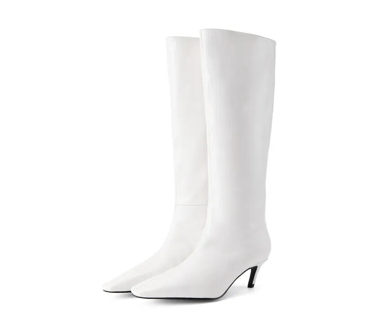 B-FEI original niche design minimalist style straight boots black and white leather personality slanted heel high boots- Melo