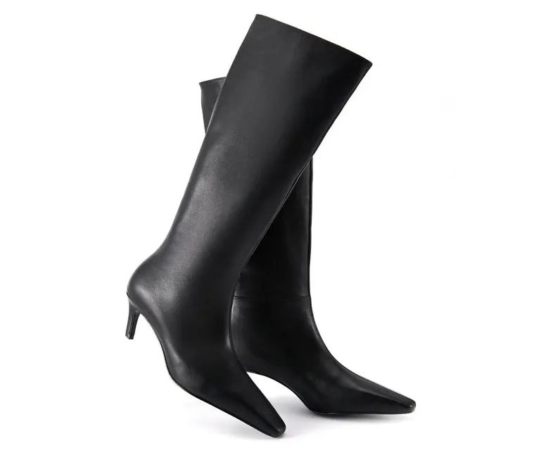 B-FEI original niche design minimalist style straight boots black and white leather personality slanted heel high boots- Melo