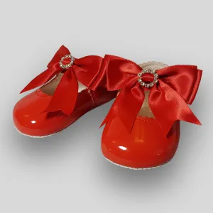 Baby Girl Red Pram Shoes - Large Satin Bow with Diamante