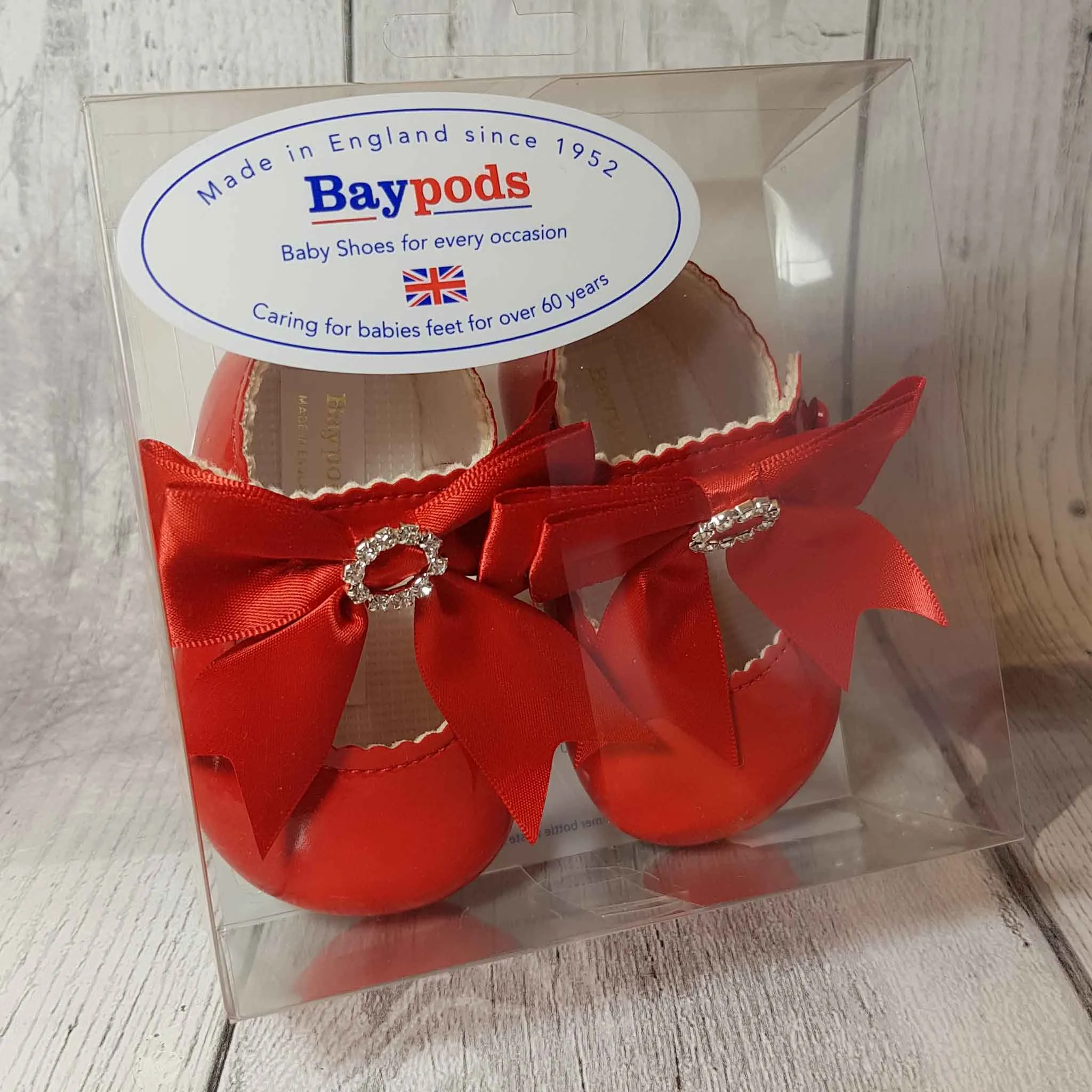 Baby Girl Red Pram Shoes - Large Satin Bow with Diamante