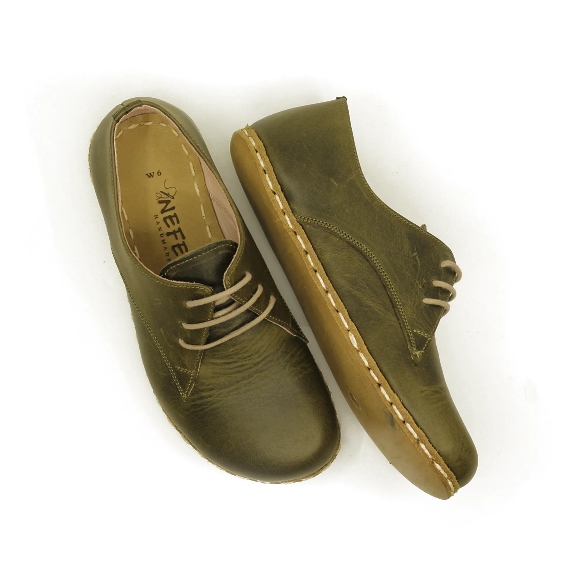 Barefoot Leather Mens Shoes Military Green Lace-up