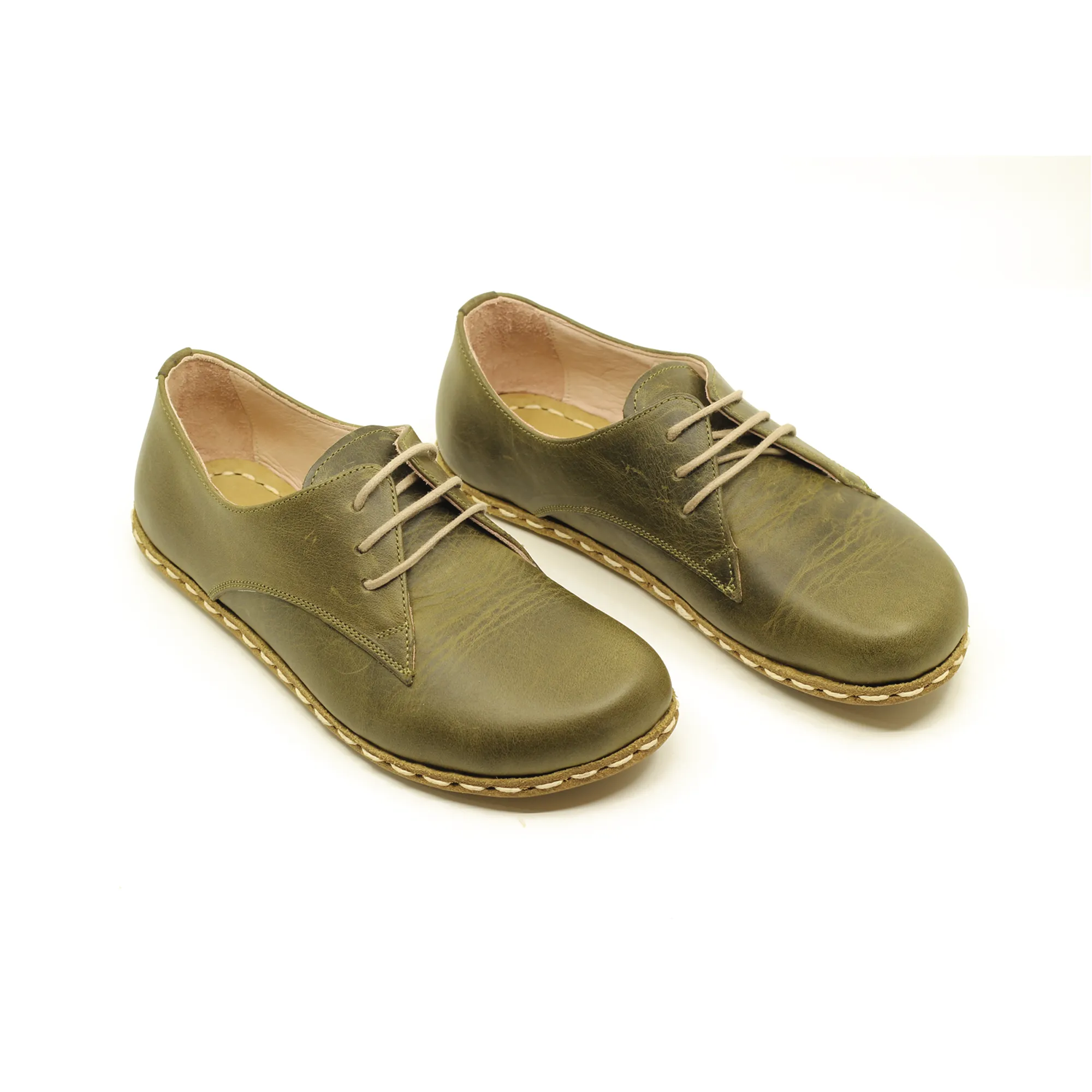 Barefoot Leather Mens Shoes Military Green Lace-up