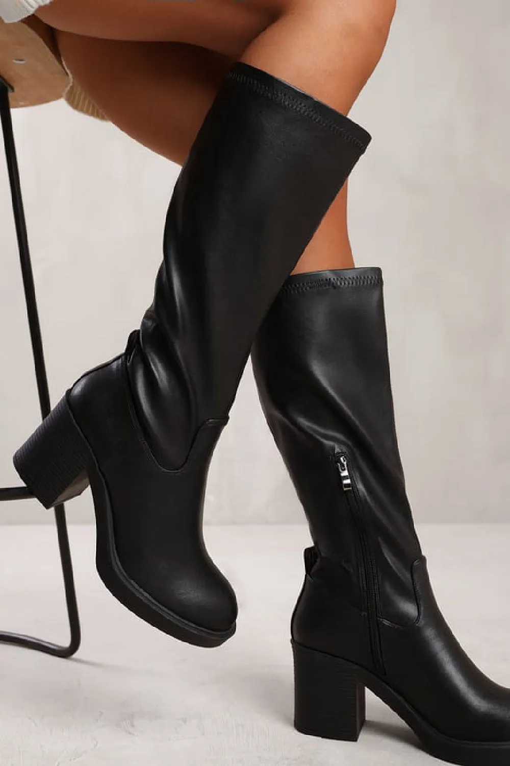 Black Block Heel Calf High Stretch PU Boot