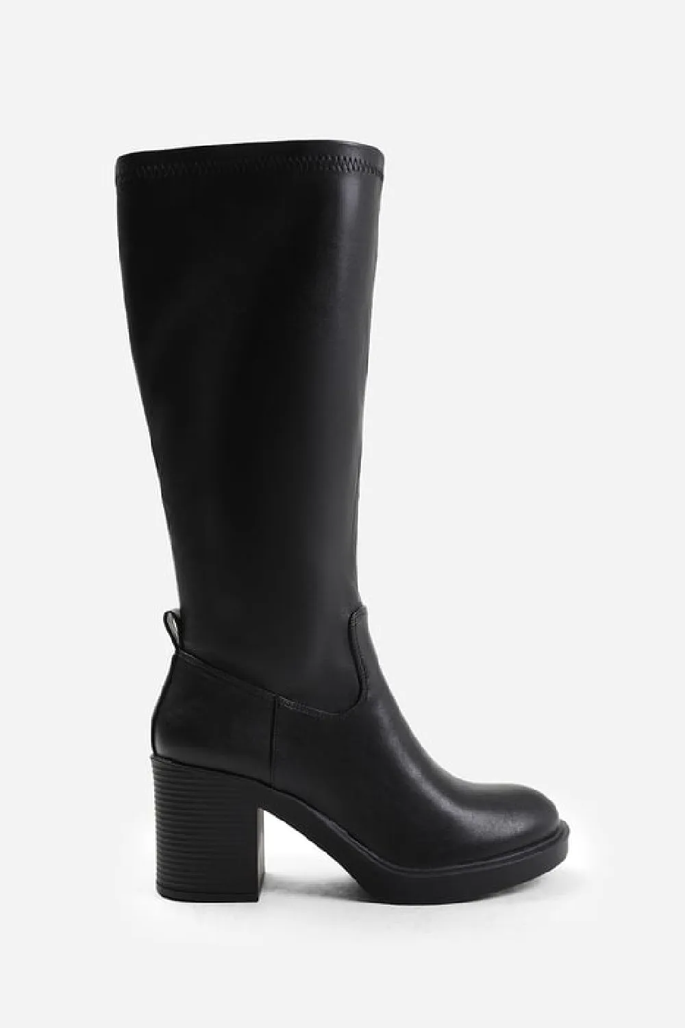 Black Block Heel Calf High Stretch PU Boot