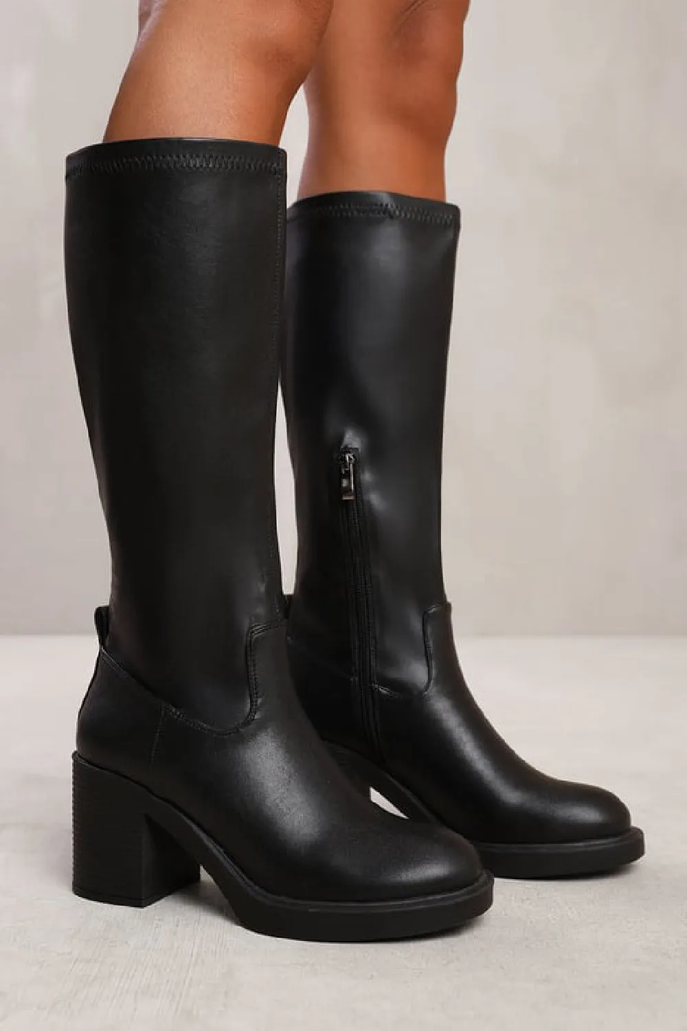 Black Block Heel Calf High Stretch PU Boot