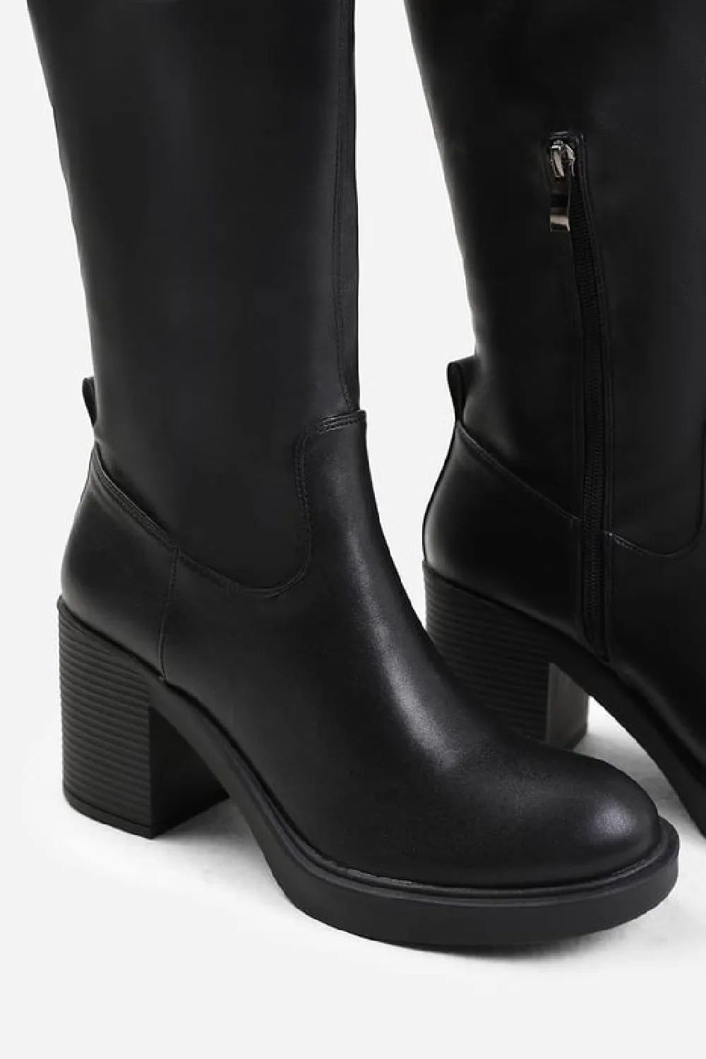 Black Block Heel Calf High Stretch PU Boot