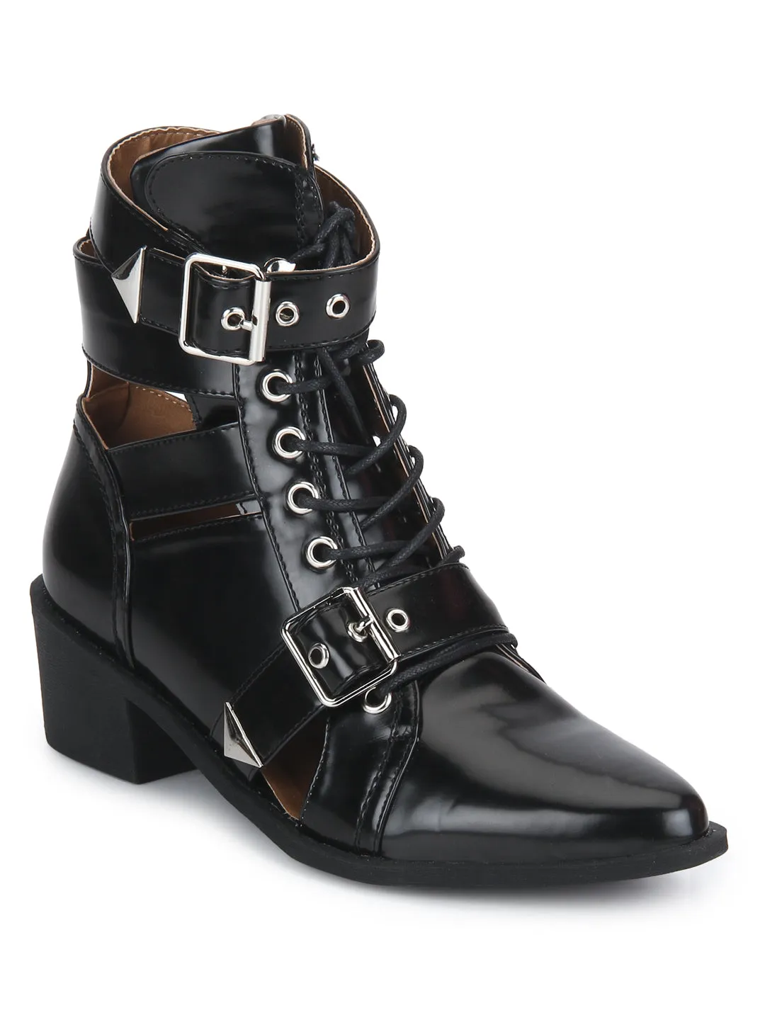 Black Box PU Buckled Pointed Toe Ankle Boots