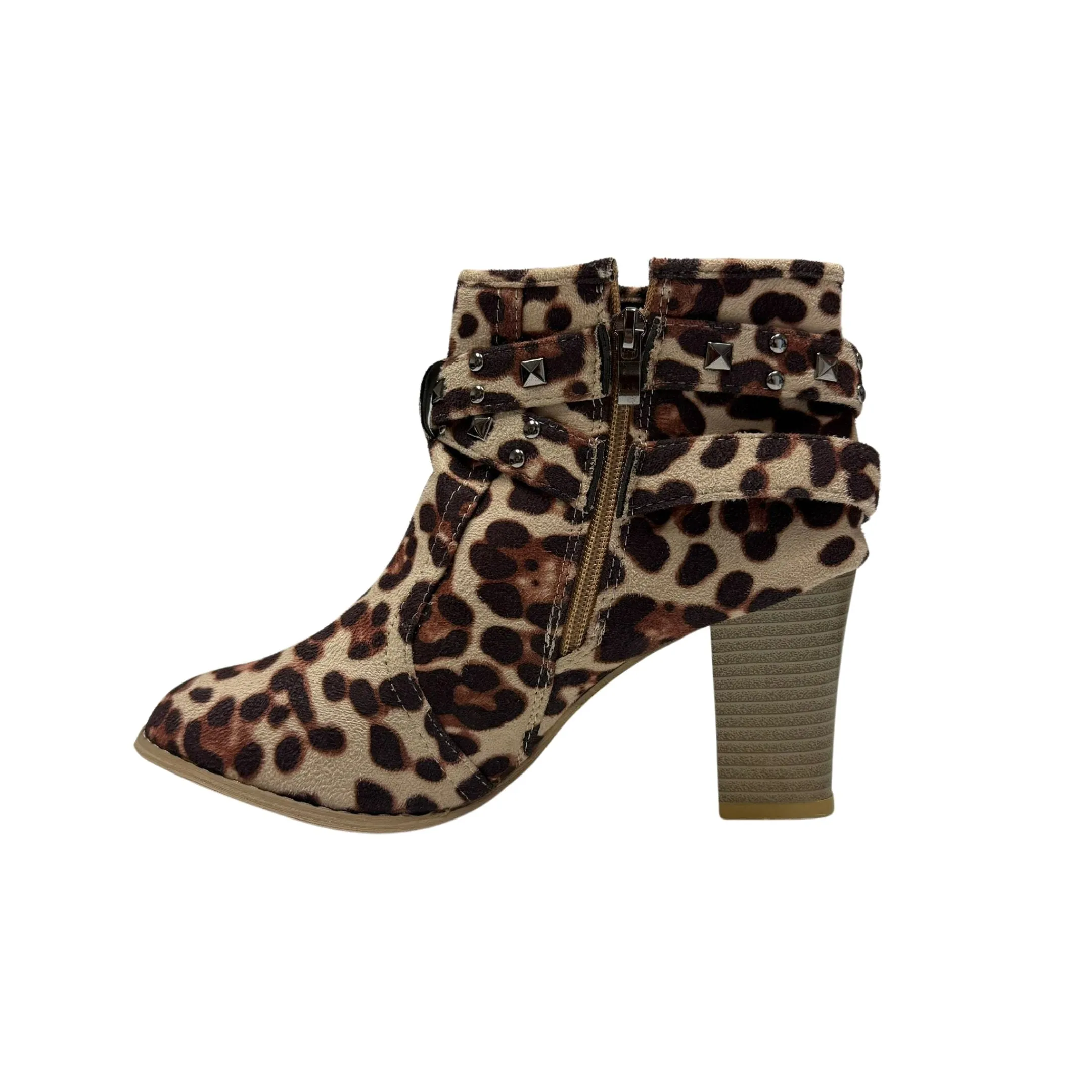 Brown leopard print studded-straps ankles boots