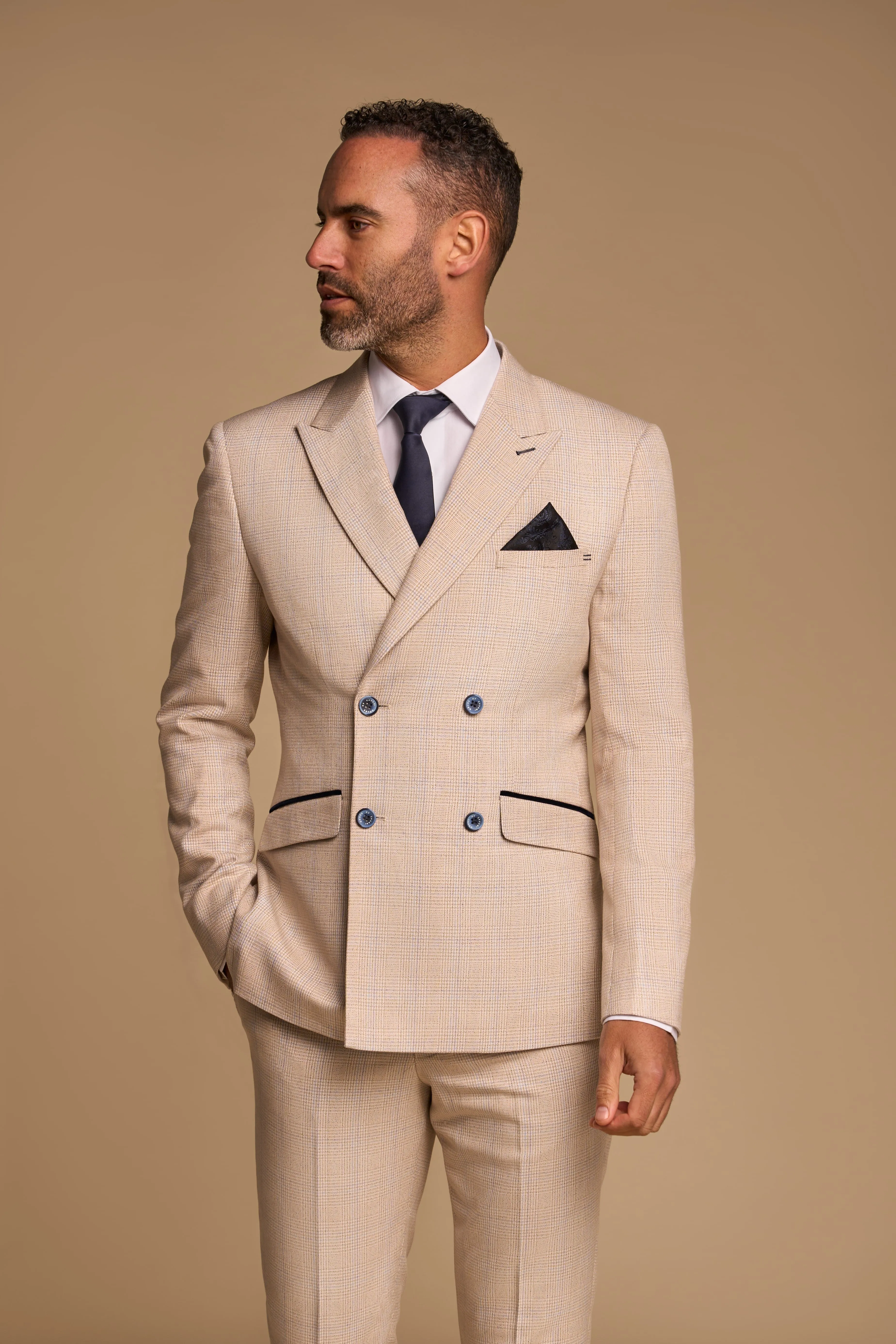 Caridi Beige Check Double Breasted Two Piece Suit