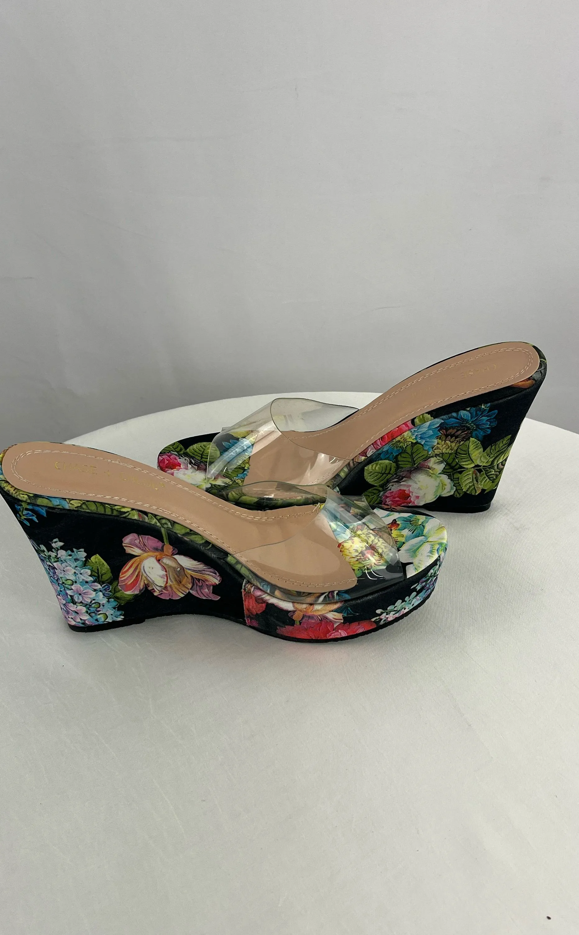 Chase & Chloe Multicolor Floral Wedge Heel With Clear Strap Women 9