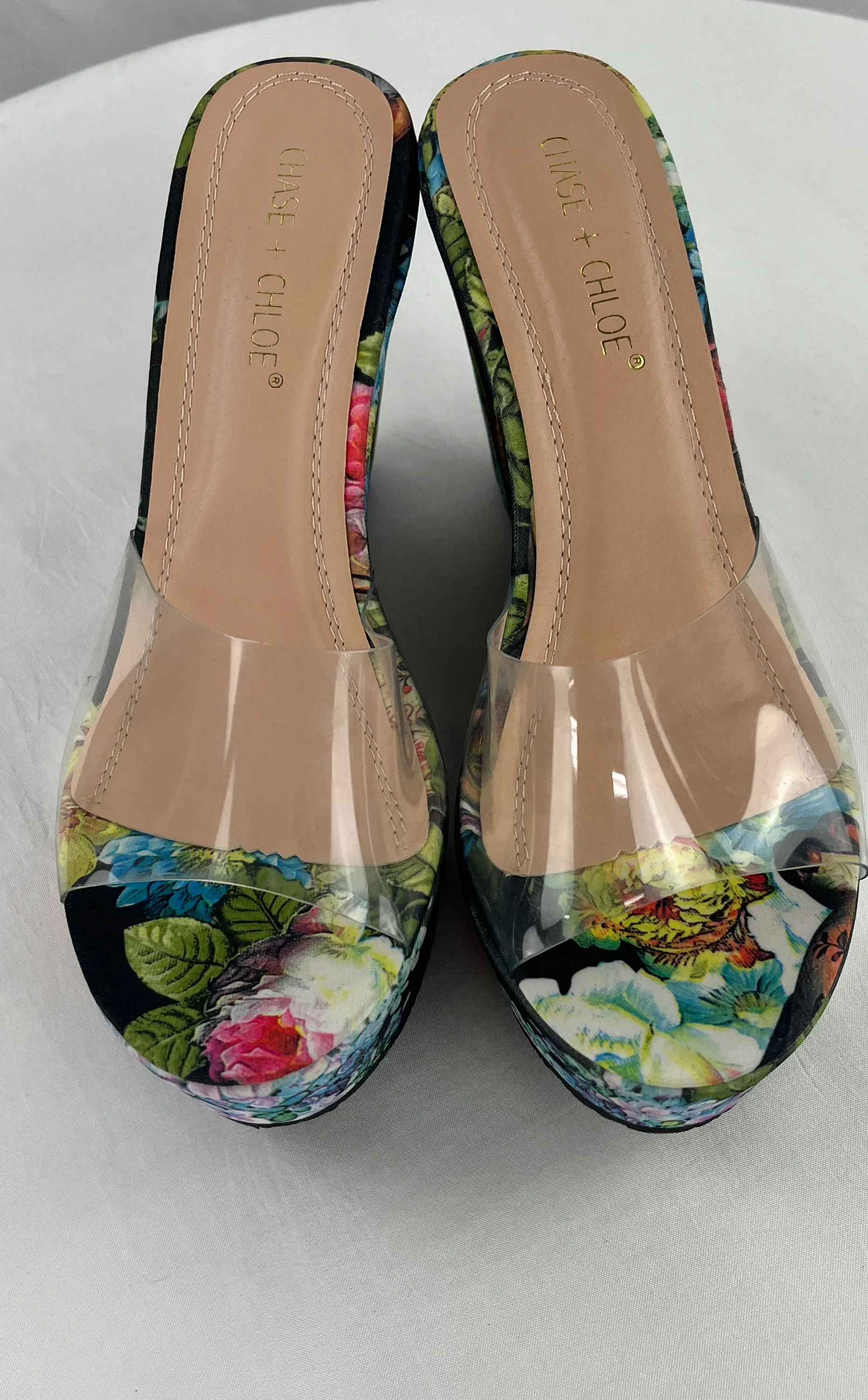 Chase & Chloe Multicolor Floral Wedge Heel With Clear Strap Women 9