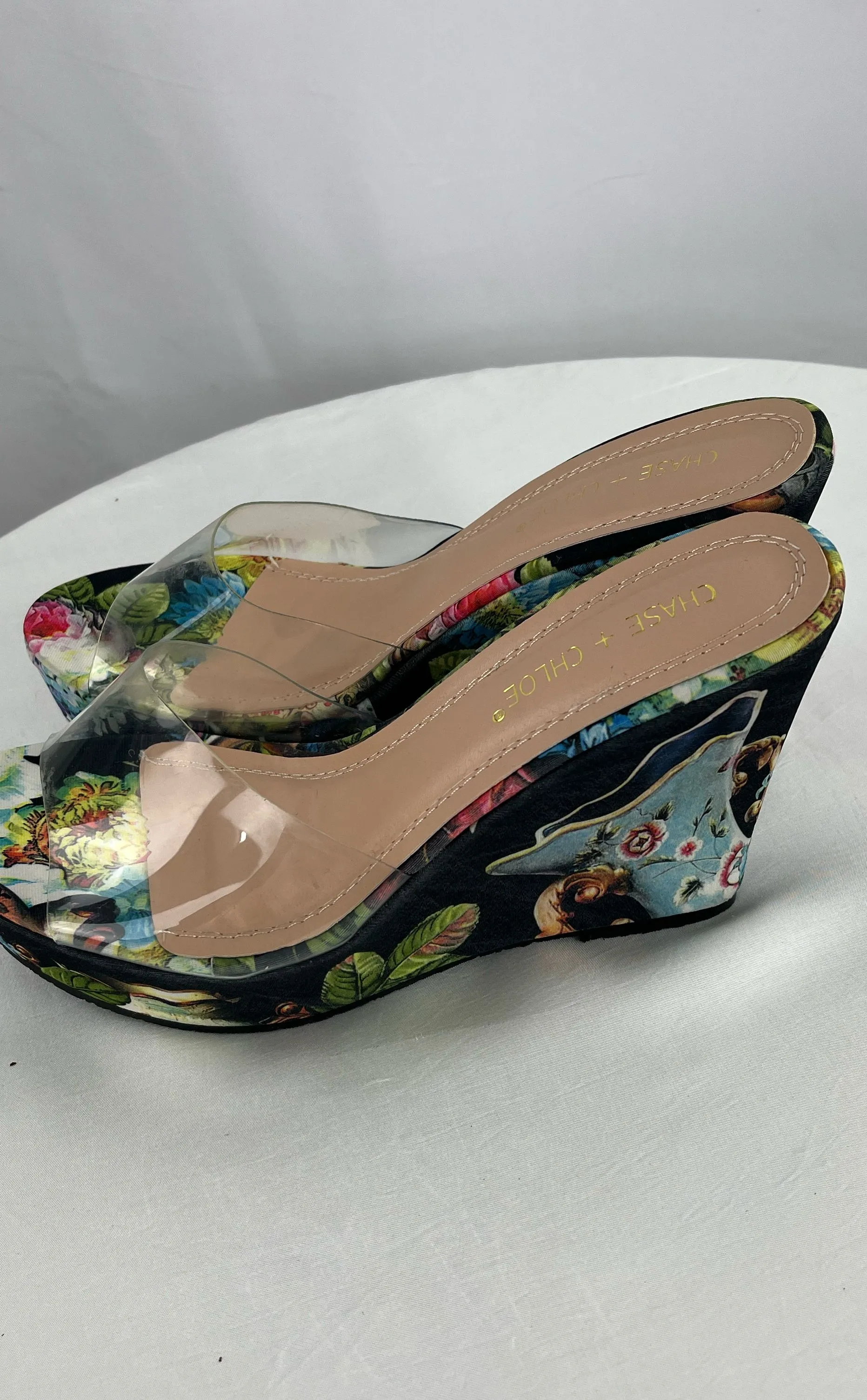 Chase & Chloe Multicolor Floral Wedge Heel With Clear Strap Women 9