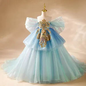 Children's runway show stage performance trailing evening gown wedding dress embroidery sequins blue elegant girl princess dress