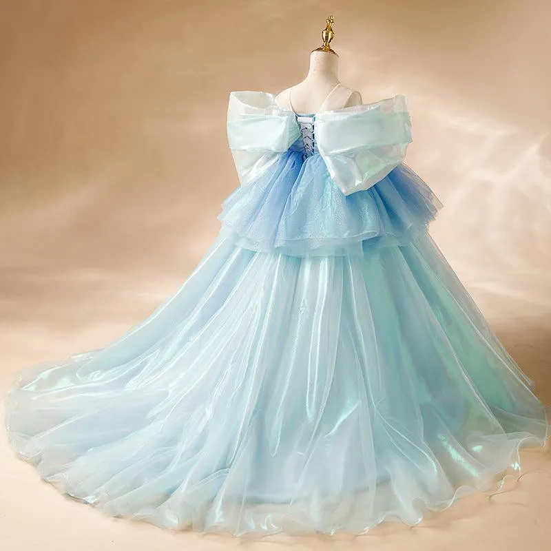 Children's runway show stage performance trailing evening gown wedding dress embroidery sequins blue elegant girl princess dress