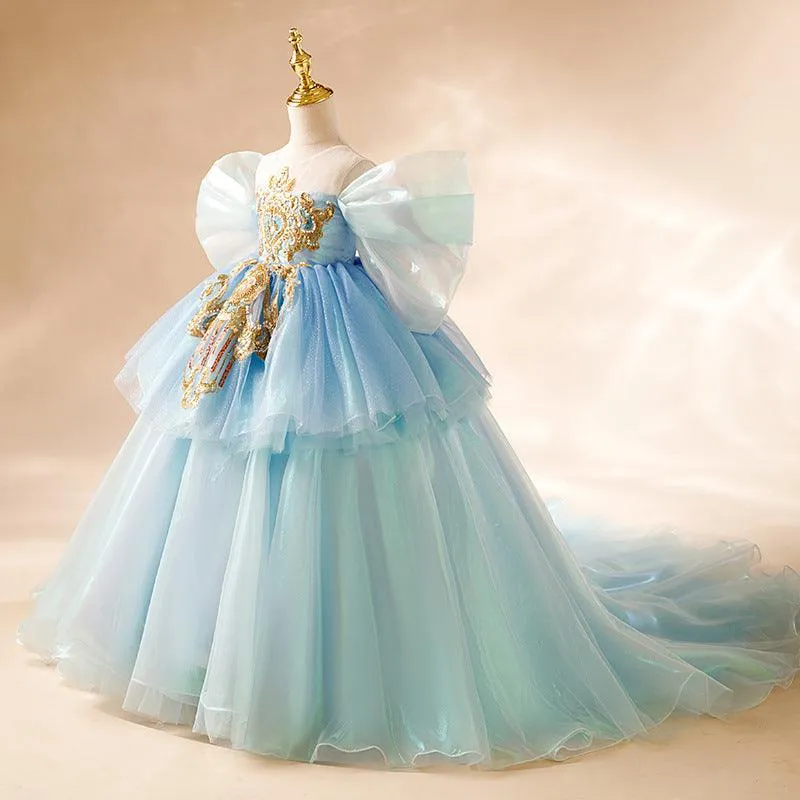 Children's runway show stage performance trailing evening gown wedding dress embroidery sequins blue elegant girl princess dress