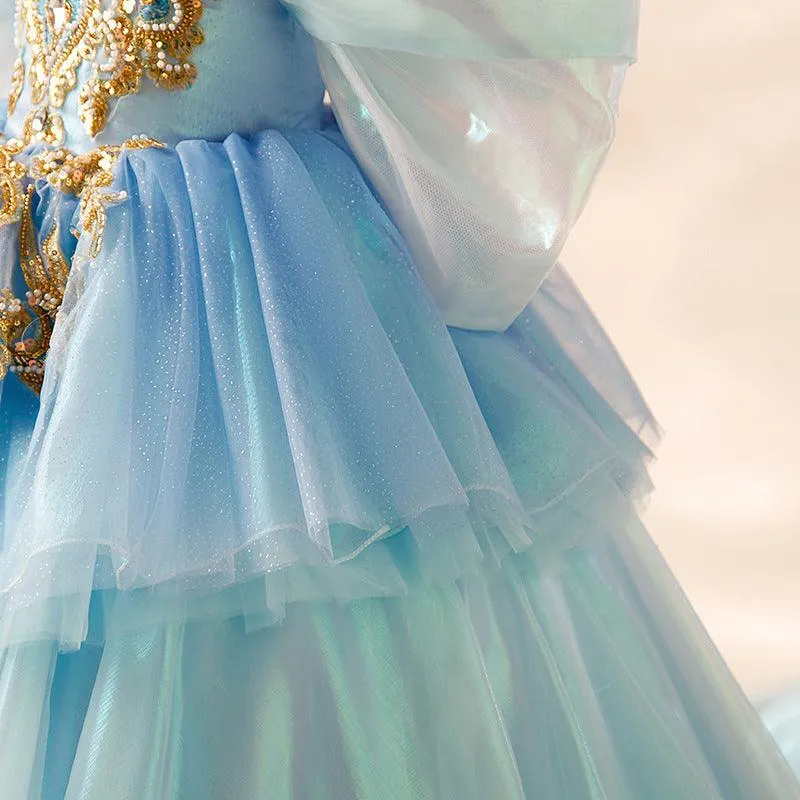 Children's runway show stage performance trailing evening gown wedding dress embroidery sequins blue elegant girl princess dress