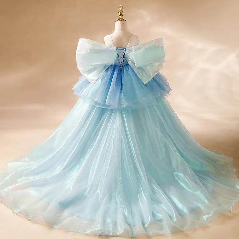 Children's runway show stage performance trailing evening gown wedding dress embroidery sequins blue elegant girl princess dress