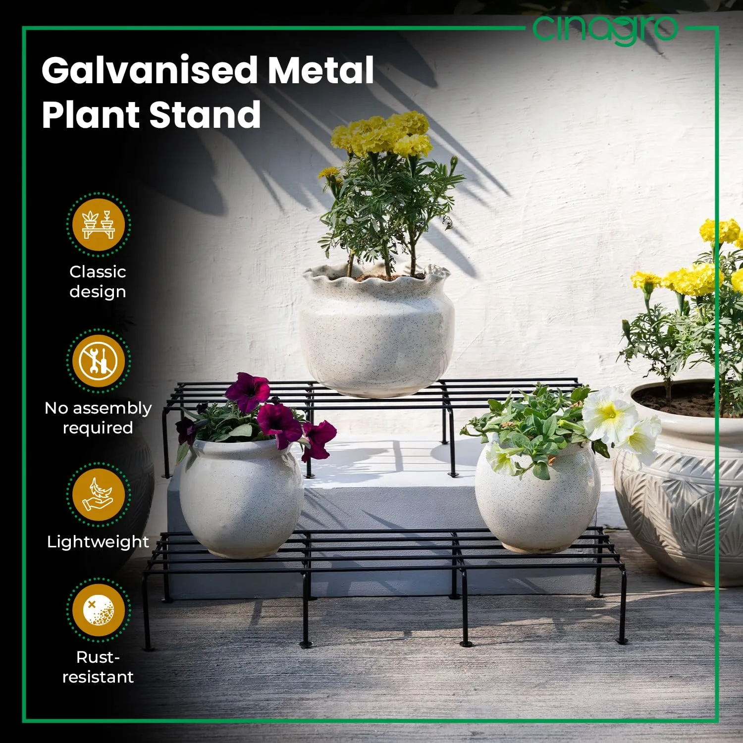 CINAGRO Anti Rust Rectangular Metal Plant Stand (Pack of 2) - 24 inches, Gardening Stand for Balcony, Indoor & Outdoor Use, Strong Durable Flower Pot Stand, Gamla Stand (Plants Not Included, Black)