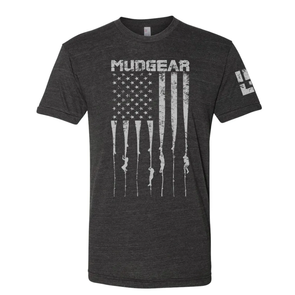 CLEARANCE ITEM - MudGear Tri-blend Logo Tee - USA Flag / Rope Climb (Heather Black)