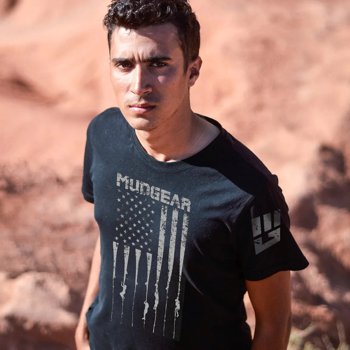 CLEARANCE ITEM - MudGear Tri-blend Logo Tee - USA Flag / Rope Climb (Heather Black)