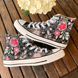 Custom Embroidered Style Print Black Converse High Top Chuck Taylor Shoes