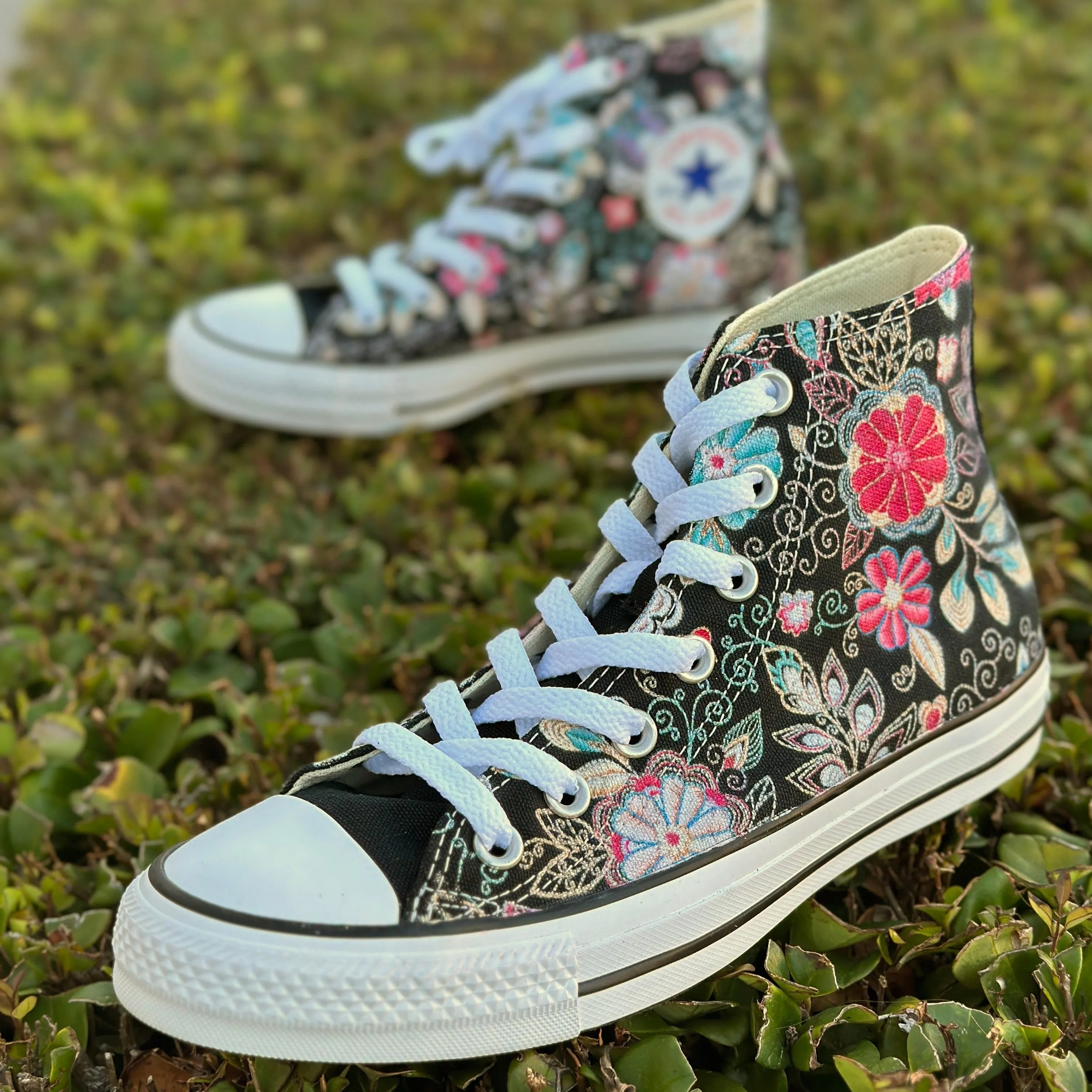 Custom Embroidered Style Print Black Converse High Top Chuck Taylor Shoes